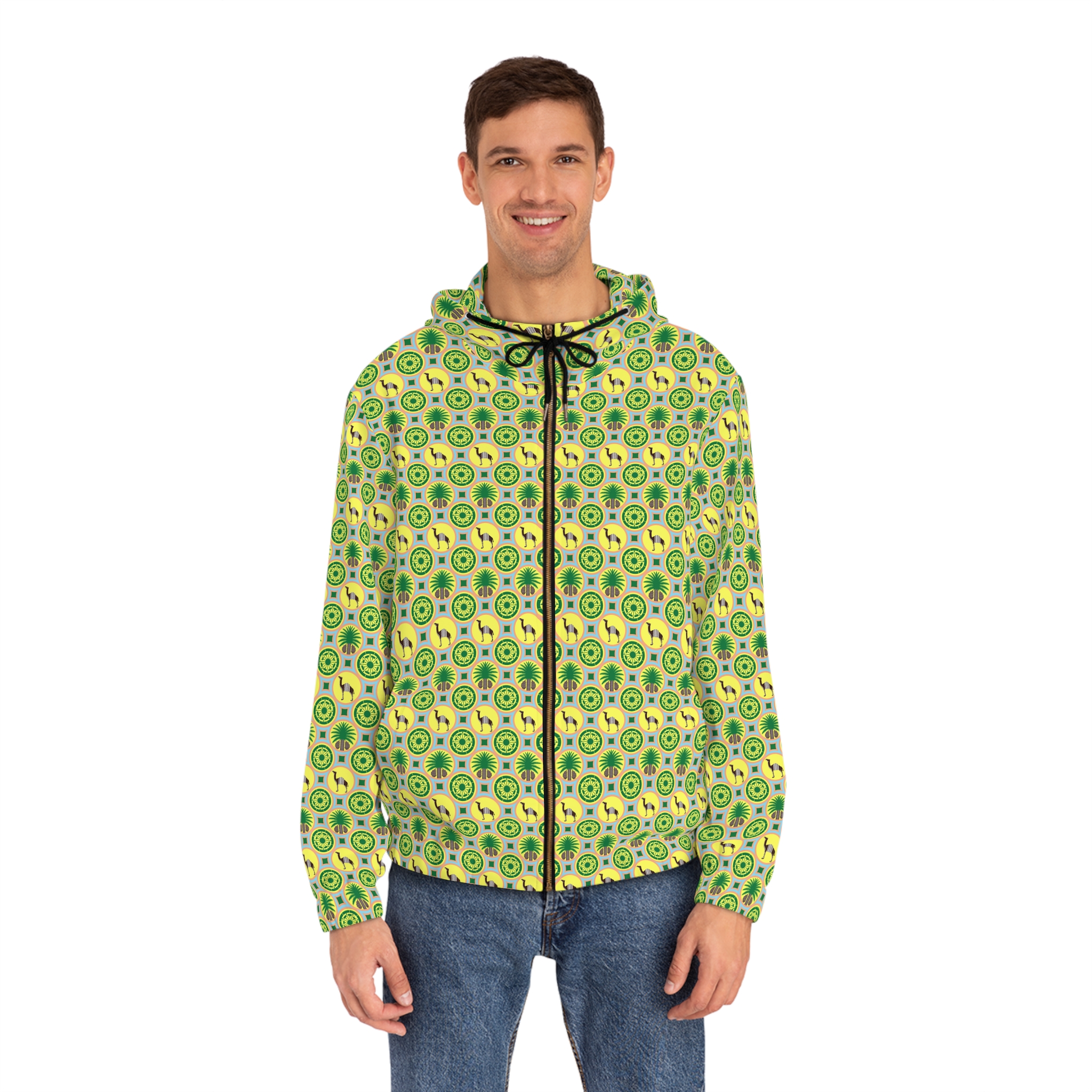 Classic Tent Green Retro Pattern Hoodie — Men's Full-Zip Vintage Music Zip-Up — изображение 7