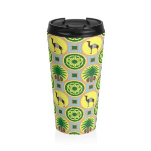 Classic Tent Stainless Steel Travel Mug — Retro Tropical Tile Pattern (Palm & Llama)