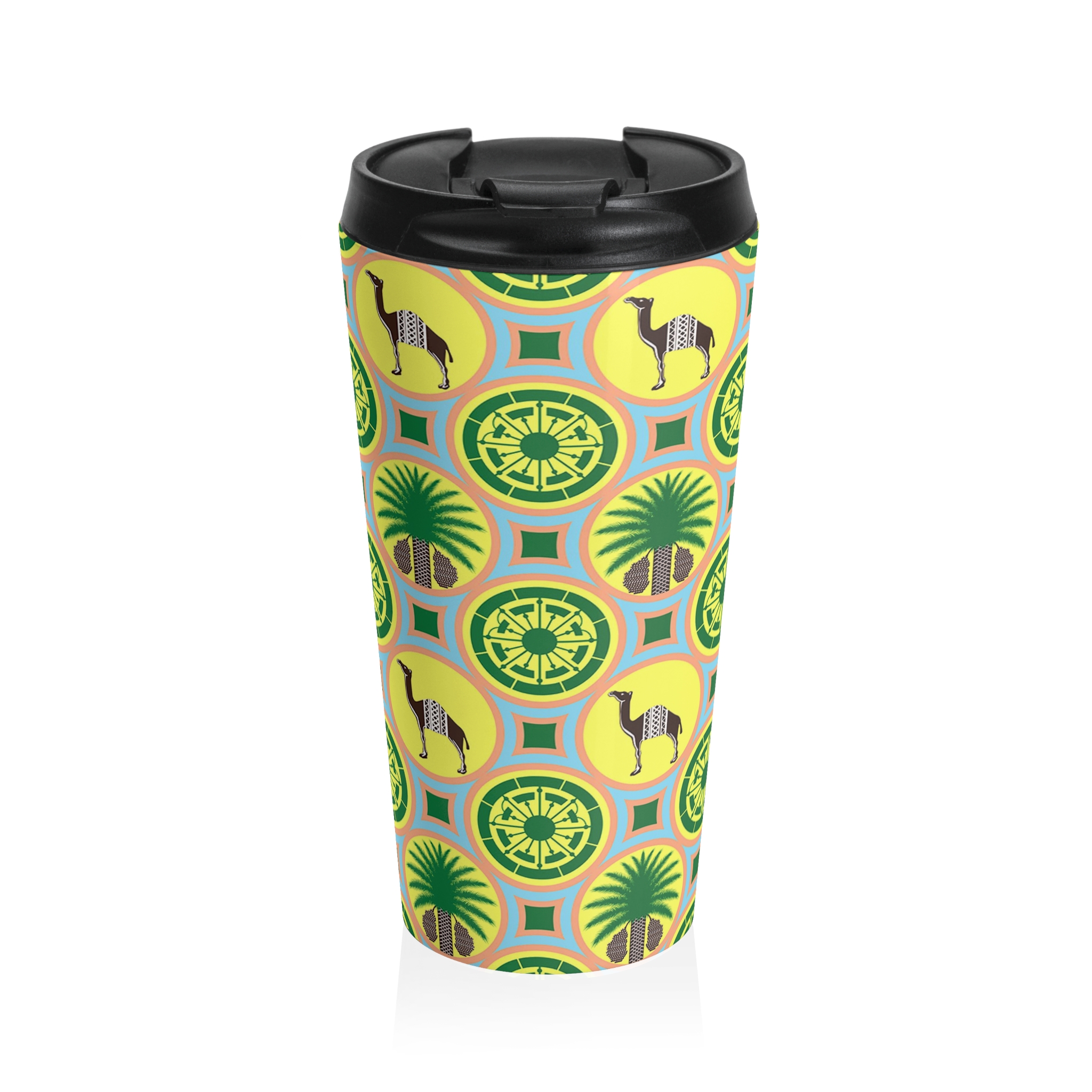 Classic Tent Stainless Steel Travel Mug — Retro Tropical Tile Pattern (Palm & Llama)