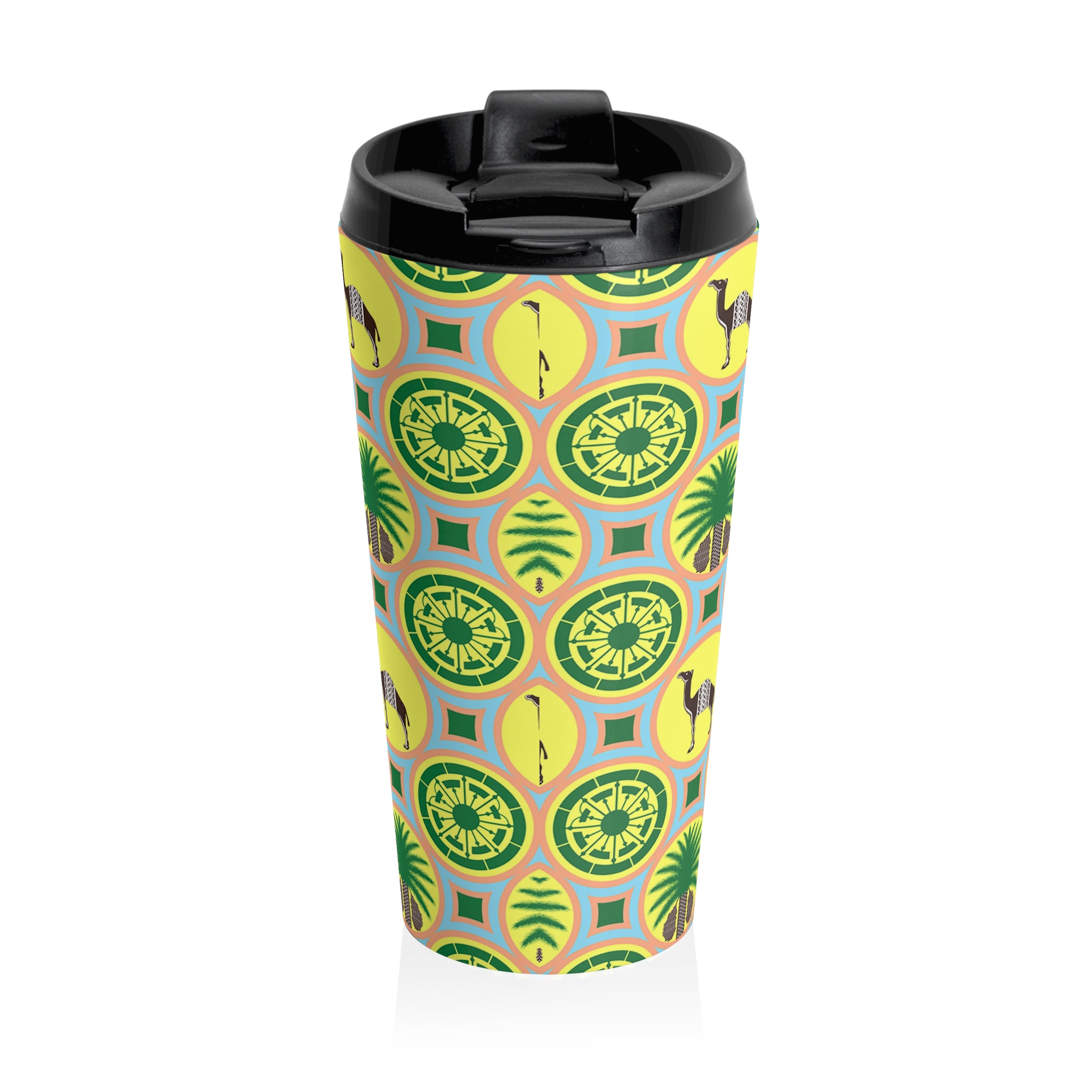 Classic Tent Stainless Steel Travel Mug — Retro Tropical Tile Pattern (Palm & Llama) - 图片 2
