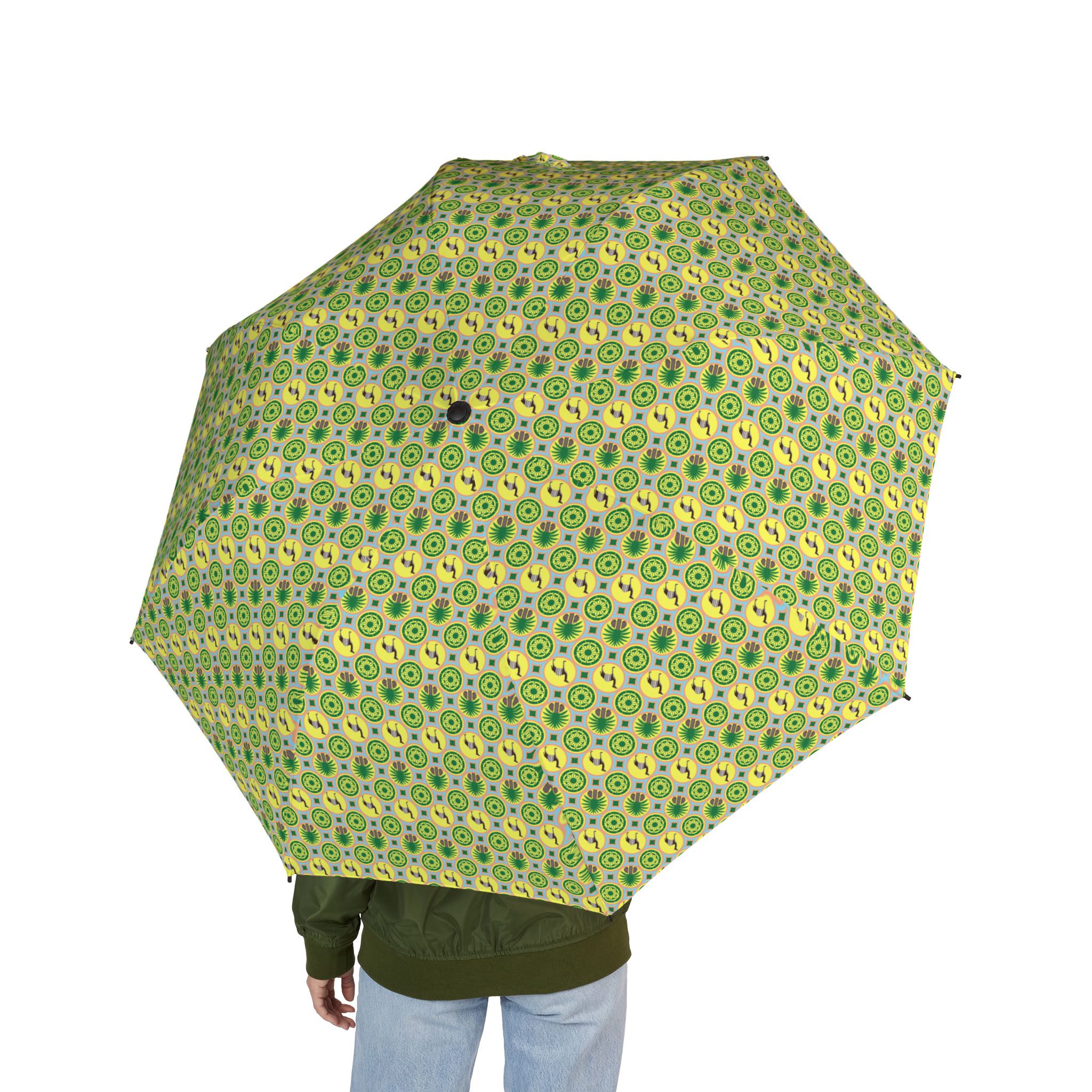 Classic Tent Compact Foldable Umbrella — Green Floral Retro Pattern, Semi-Automatic Travel Umbrella - immagine 3