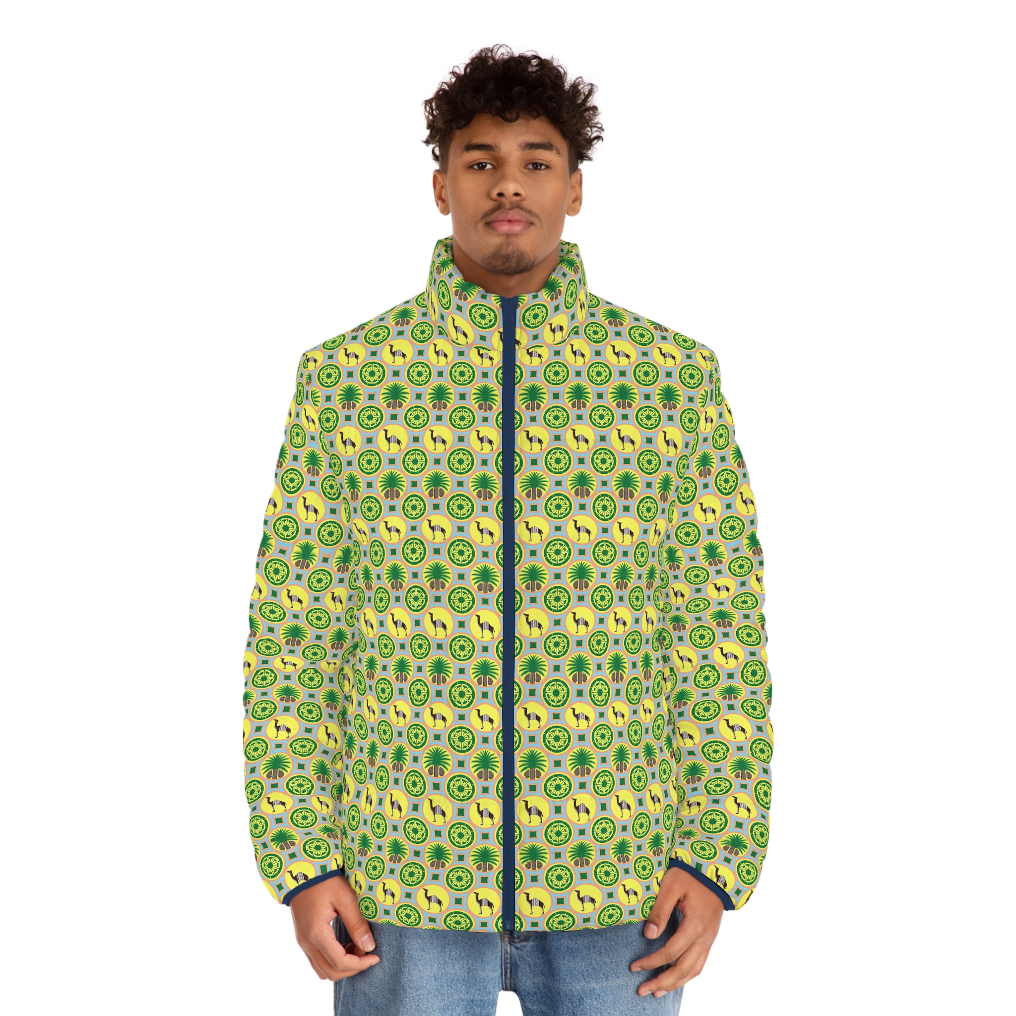 Classic Tent Men's Puffer Jacket — Retro Green Sunburst All-Over Print