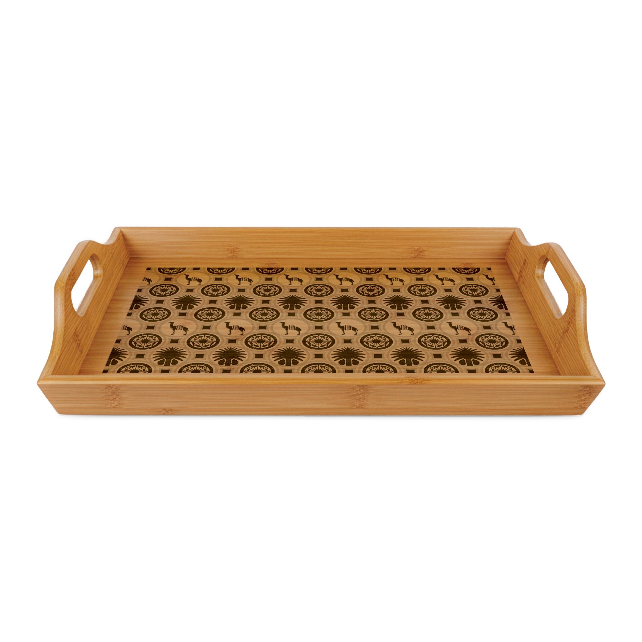 Classic Tent Engraved Bamboo Serving Tray with Geometric Sun Pattern — Decorative Beverage & Breakfast Tray