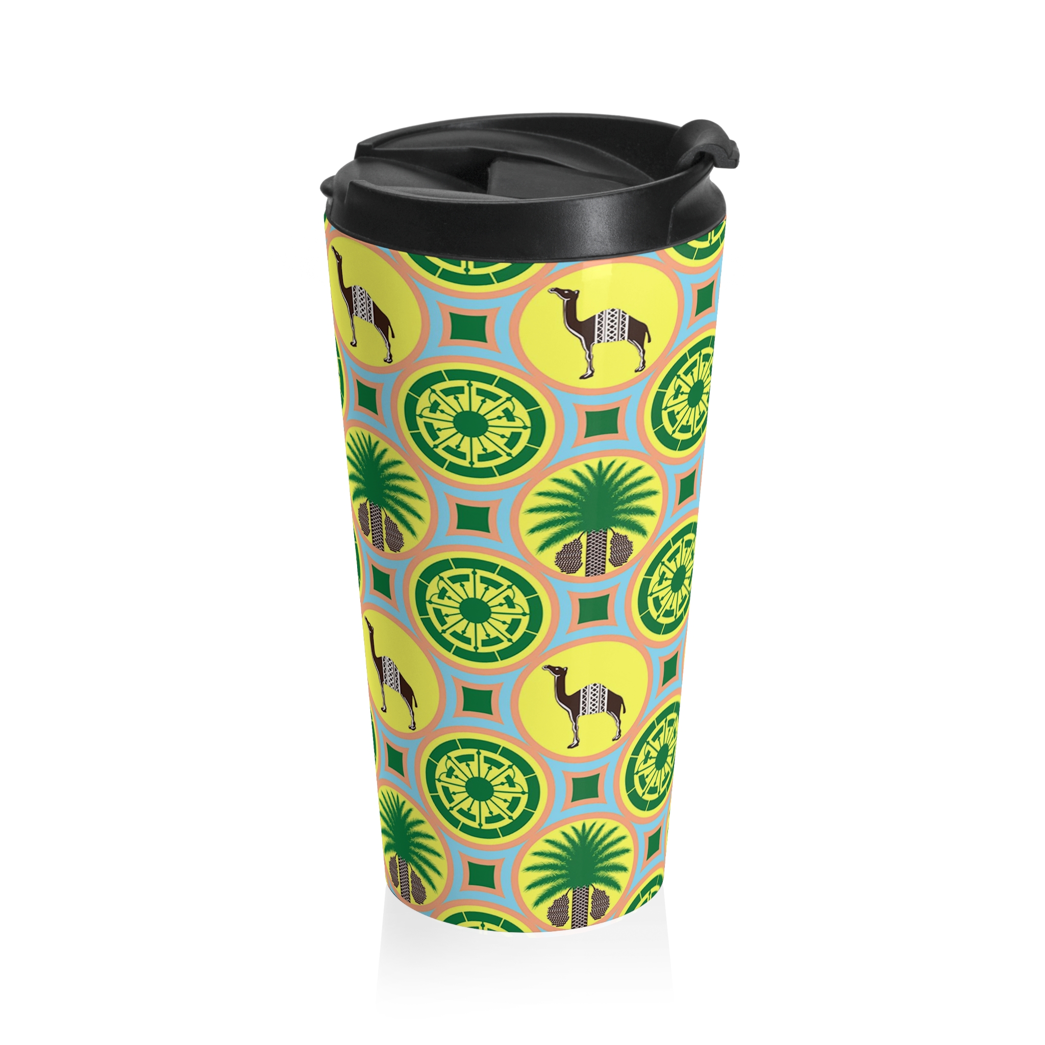 Classic Tent Stainless Steel Travel Mug — Retro Tropical Tile Pattern (Palm & Llama) - 图片 4