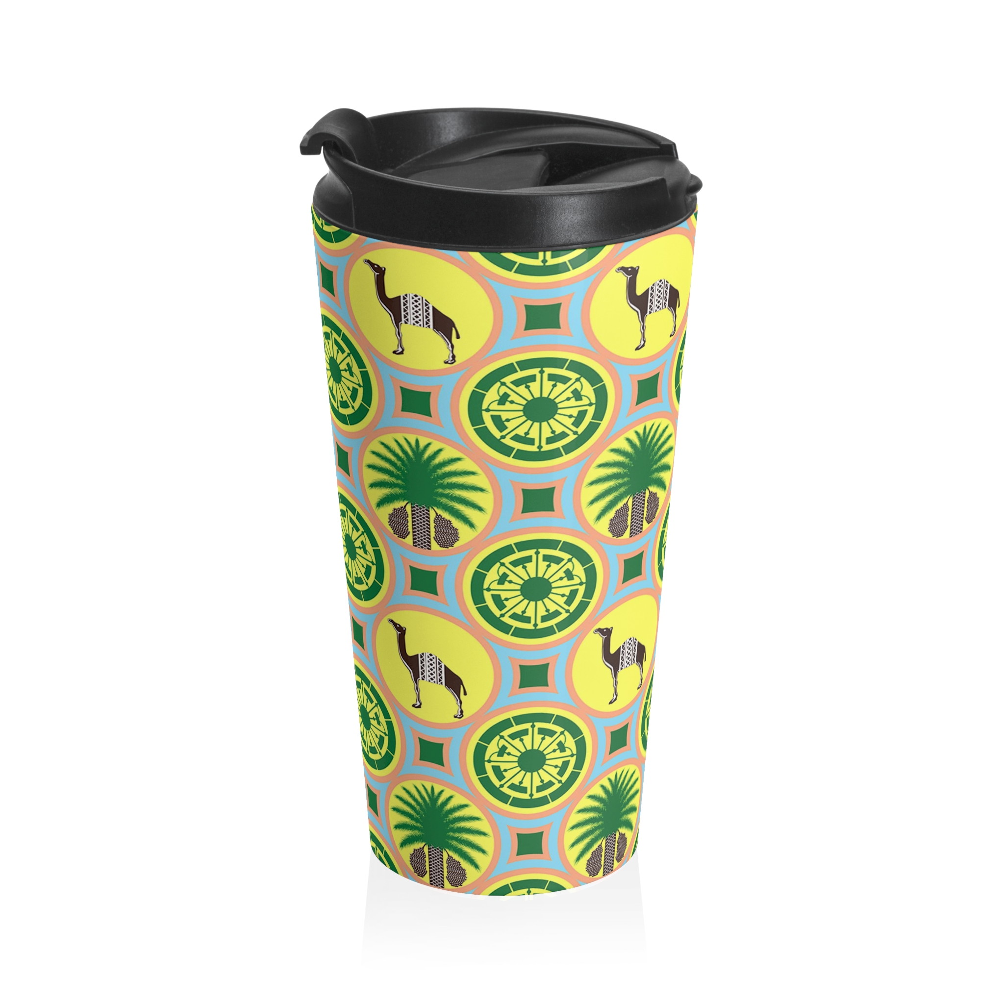 Classic Tent Stainless Steel Travel Mug — Retro Tropical Tile Pattern (Palm & Llama) - 图片 3