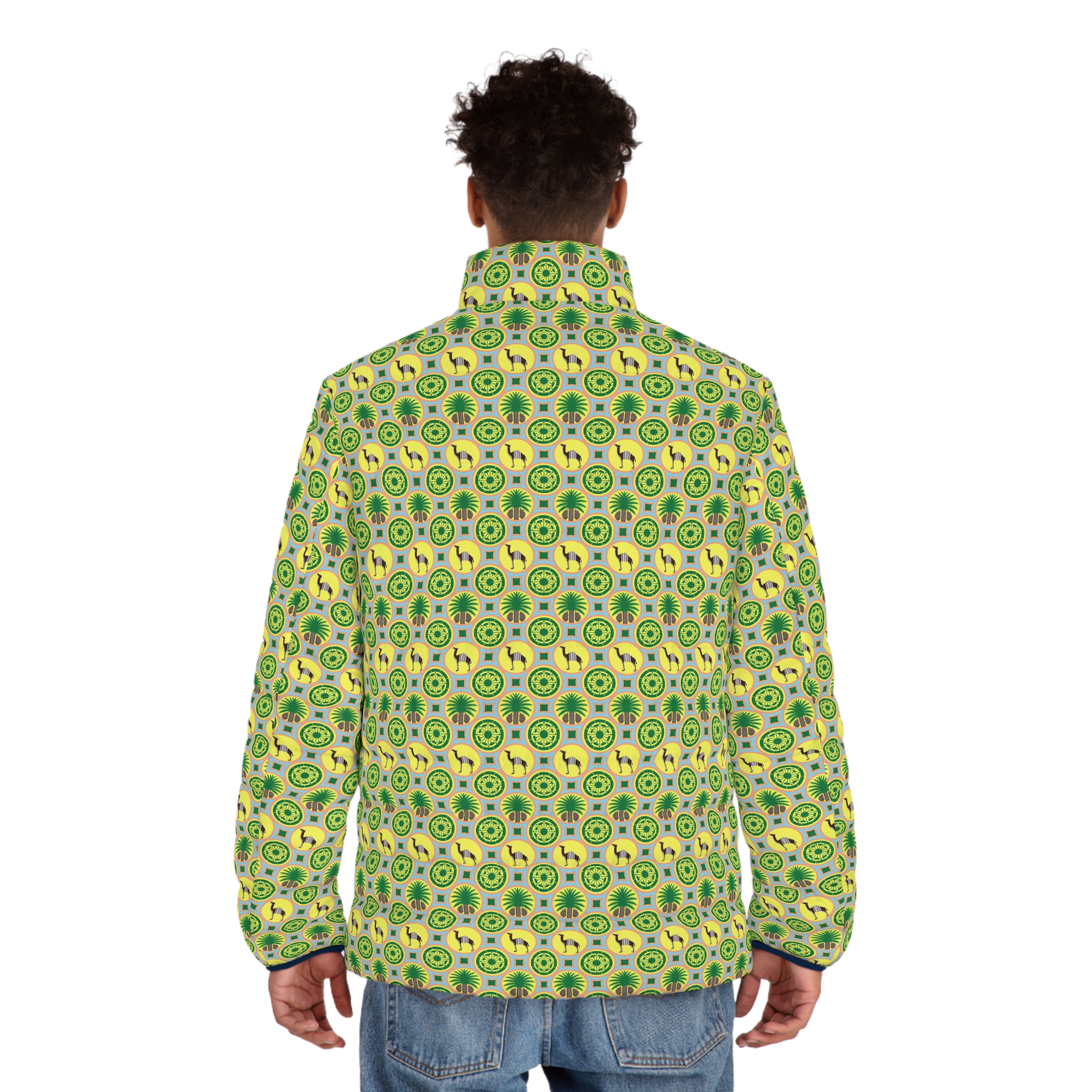 Classic Tent Men's Puffer Jacket — Retro Green Sunburst All-Over Print - immagine 4