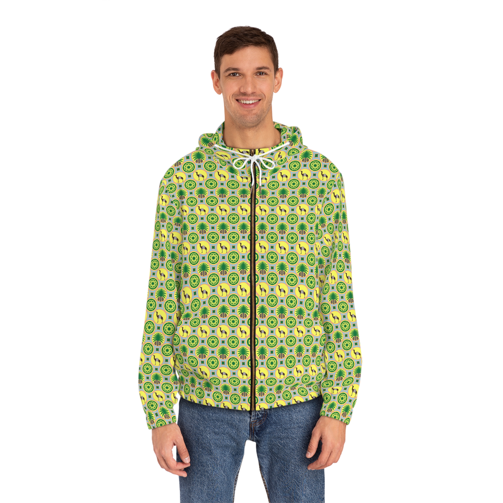 Classic Tent Green Retro Pattern Hoodie — Men's Full-Zip Vintage Music Zip-Up