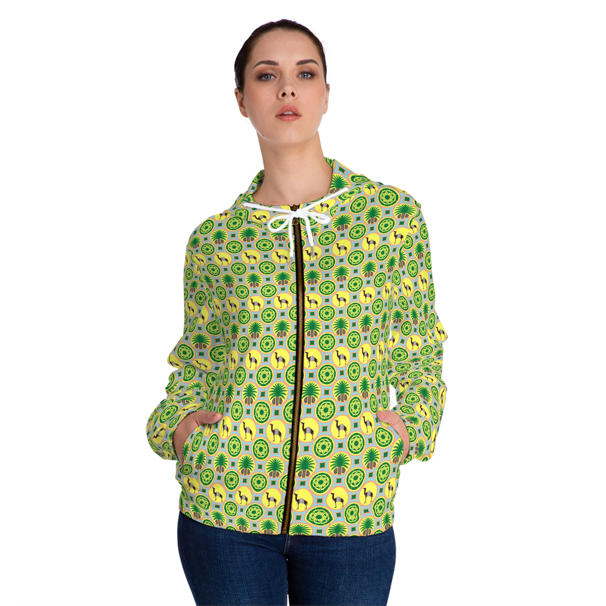 Classic Tent Green Pattern Full-Zip Hoodie — All-Over Print Women's Jacket