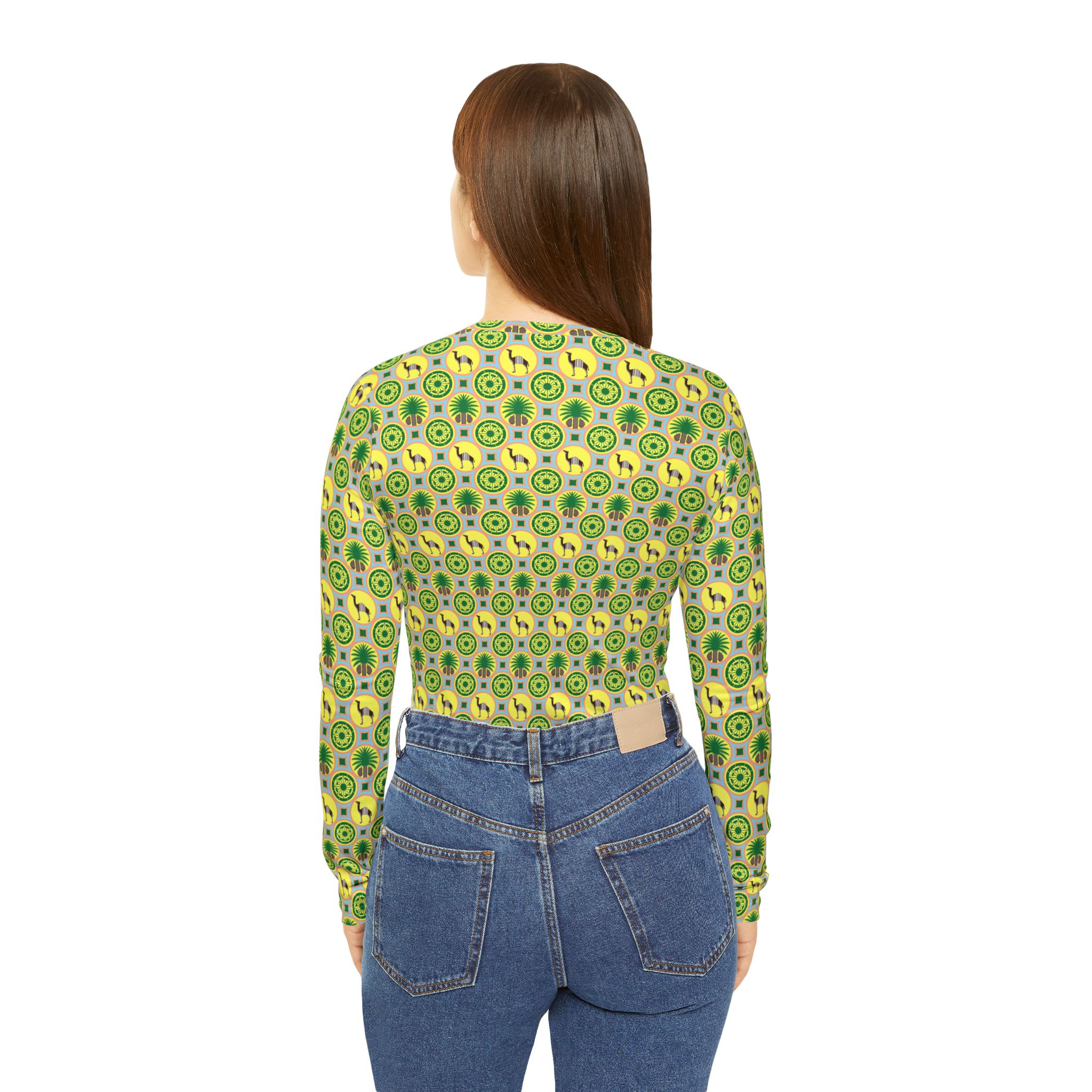 Classic Tent Women’s V‑Neck Long Sleeve Top — Green & Yellow Geometric Pattern - 画像 (4)