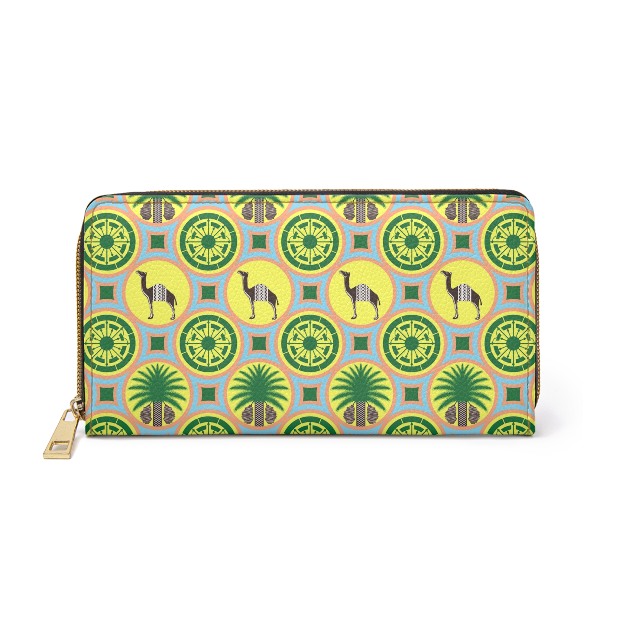 Classic Tent Tropical Camel Zipper Wallet — Green Palm & Geometric Pattern