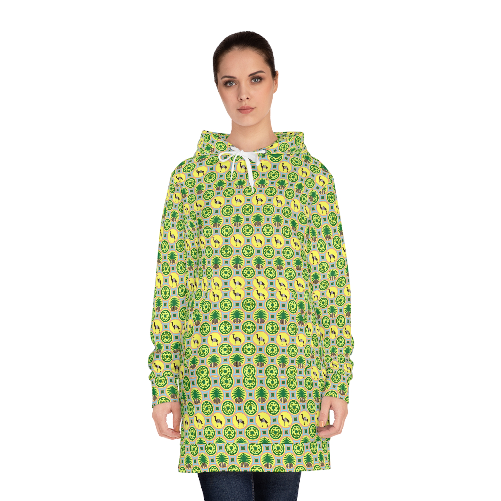 Classic Tent Hoodie Dress Green Lemon Kiwi All-Over Print Cozy Lounge Dress — изображение 4
