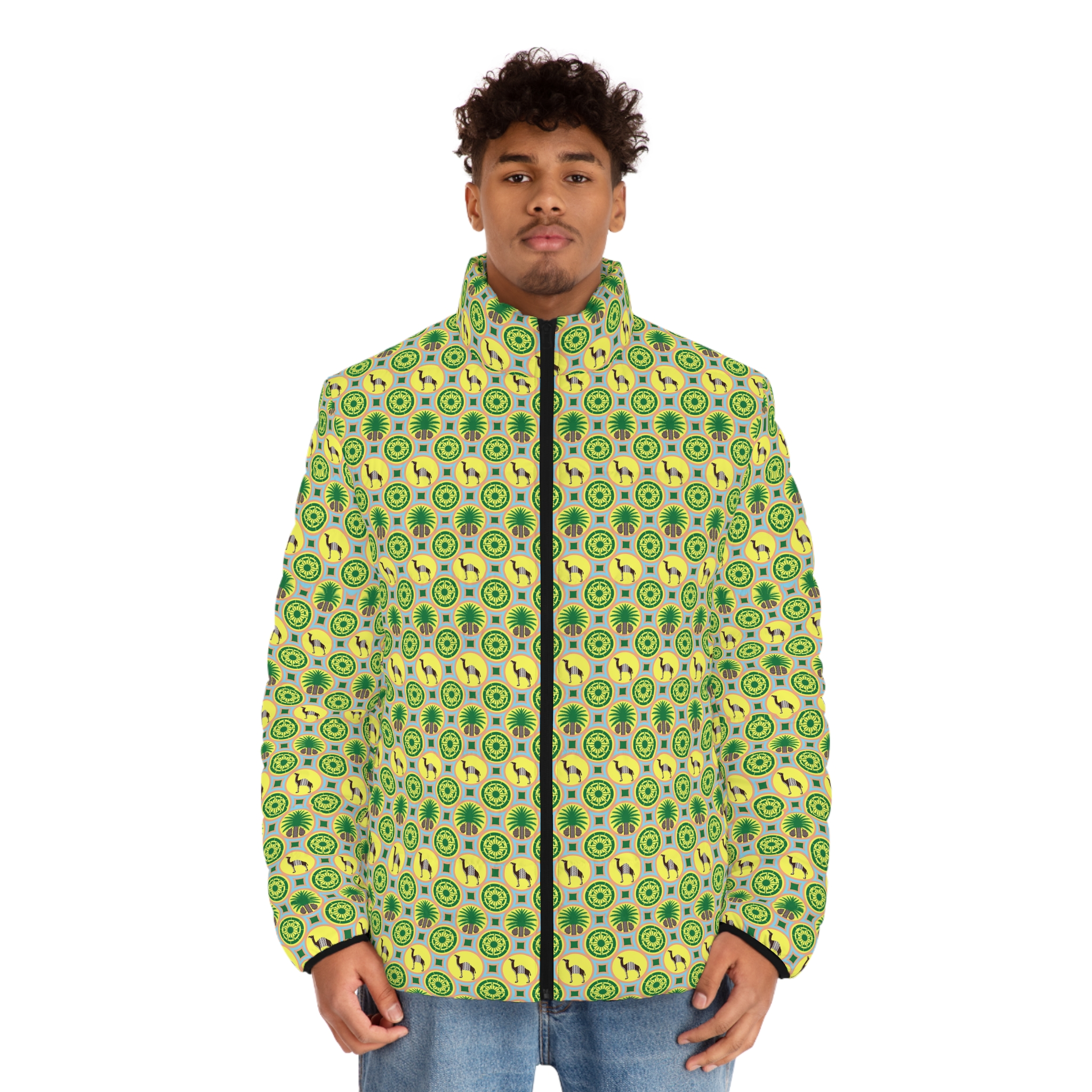 Classic Tent Men's Puffer Jacket — Retro Green Sunburst All-Over Print - immagine 7