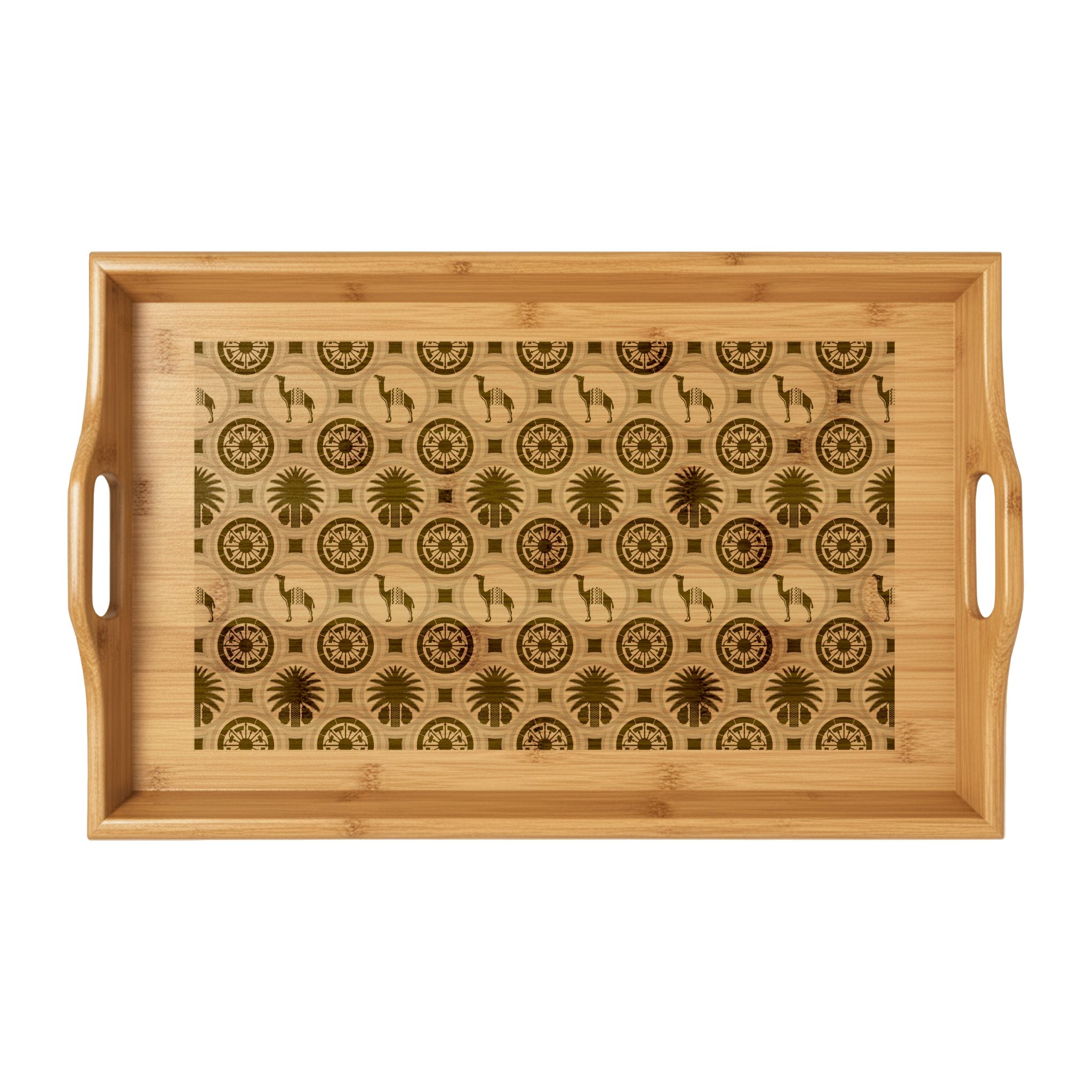 Classic Tent Engraved Bamboo Serving Tray with Geometric Sun Pattern — Decorative Beverage & Breakfast Tray - 画像 (2)